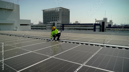 Solar panel installation work in progress at a renewable energy facility. worker in orange safety attire performs maintenance on solar panels located on a rooftop. inspects the photovoltaic cells.