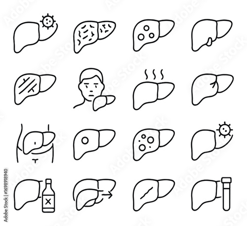 Medical linear icons set. includes liver, hepatitis, cirrhosis, symptoms, diagnosis, and treatment symbols