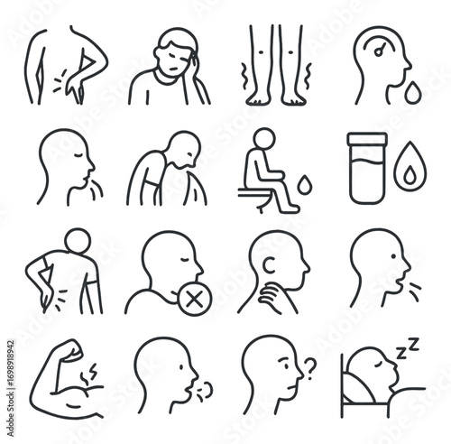 Health issues linear icon set. featuring headache, dehydration, fatigue, hydration, muscle pain, coughing, sleep.