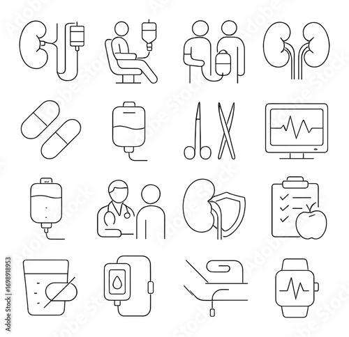 Medical treatment linear icon set. featuring dialysis, nurse, kidney, doctor, pill, injection, and monitor symbols