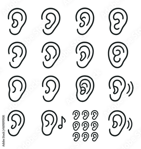 Hearing linear icon set. featuring various ear designs and hearing symbols