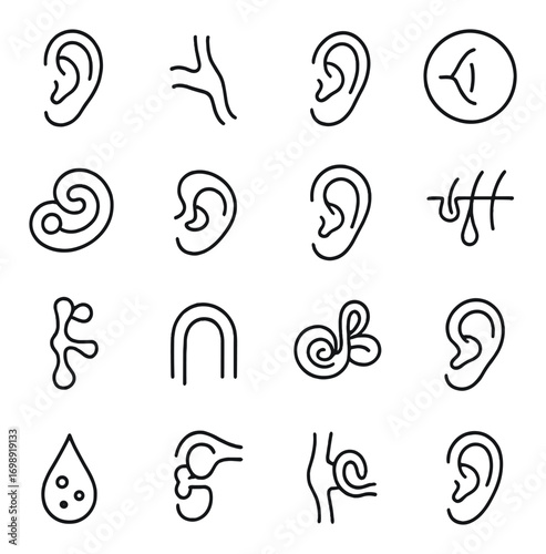 Ear linear icon set. featuring ear anatomy, hearing, lobes, sound waves, and earlobe symbols