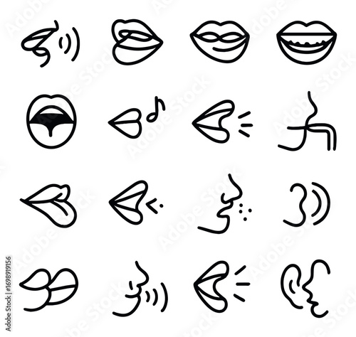 Communication linear icon set. featuring sound, voice, lips, speech, ear, whisper, and kiss symbols
