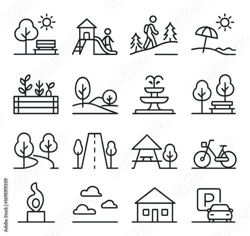 Outdoor activities linear icon set. featuring park bench, playground, hiking, beach, garden, landscape, fountain, cycling