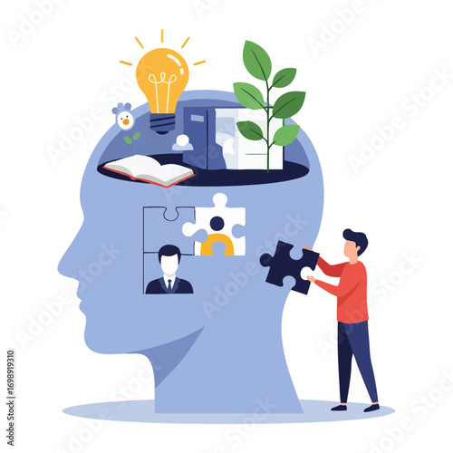 Illustration of a man placing puzzle pieces inside a human head in flat style, representing mental health, knowledge, and personal growth concept.