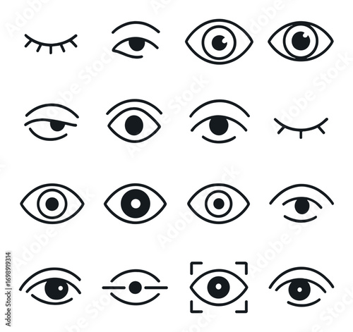 Vision and eye health linear icon set. featuring eye, vision, closed, iris, optics, medical, and focus symbols