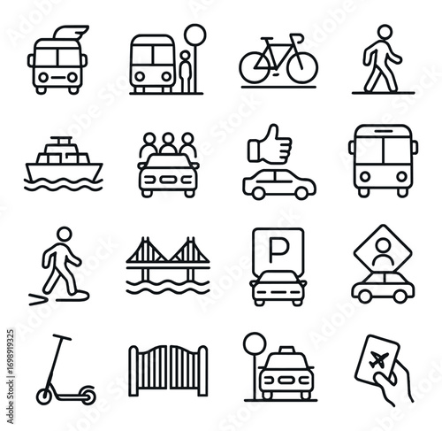 Transportation linear icon set. featuring bus, bicycle, walking, ship, carpool, and parking symbols