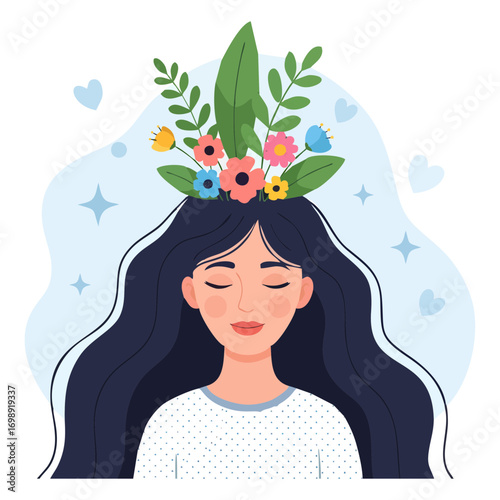 Woman with flowers and leaves in hair in flat vector illustration style, perfect for mental health, mindfulness, wellness, self care, and inspirational design projects.