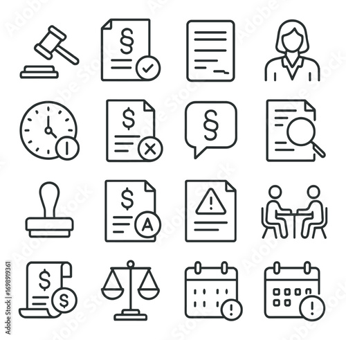 Legal documents linear icon set. featuring contract, lawyer, evaluation, negotiation, and verdict symbols