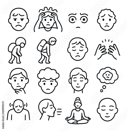 Emotions linear icon set. featuring stress, anxiety, sadness, worry, meditation, thinking, and frustration symbols