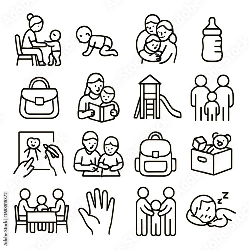 Family and parenting linear icons set. featuring sit, crawl, hug, bottle, bag, read, playground, and more.