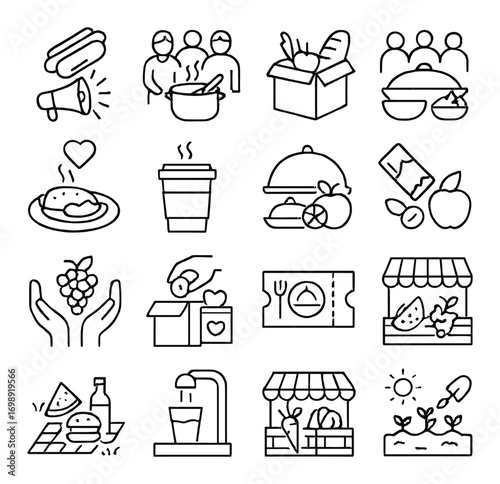 Charity and donation linear icon set. featuring soup kitchen, food box, fundraiser, and community meal symbols