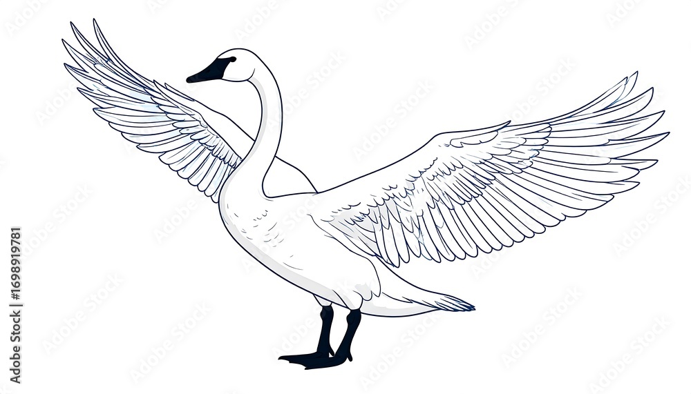 Fototapeta premium Swan in flight, outlined drawing