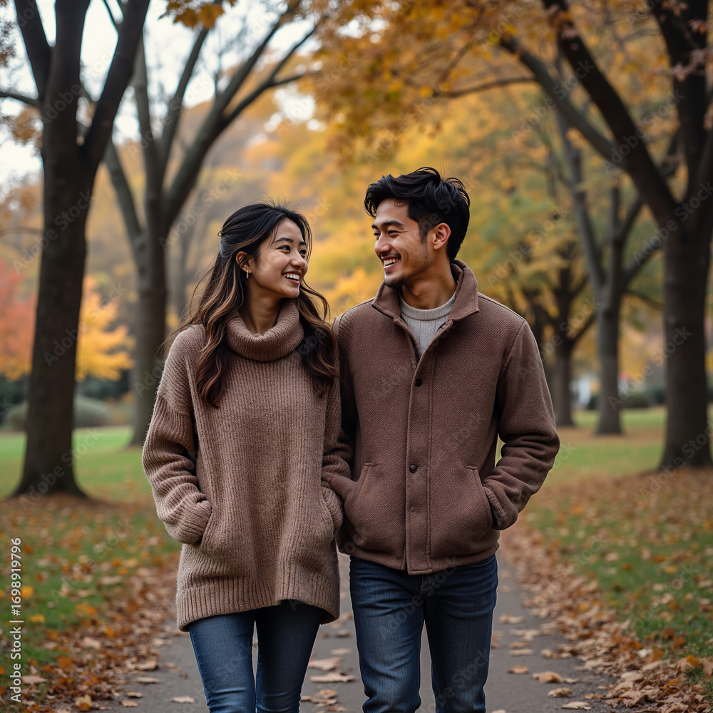 Fototapeta premium Young couple walking together on autumn path surrounded by trees 