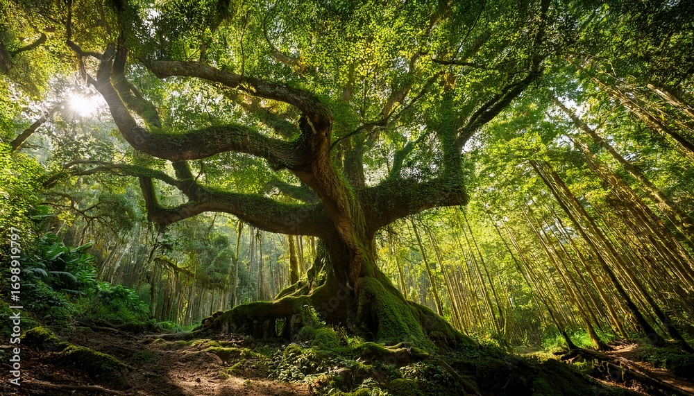Fototapeta premium a majestic tree in a sunny forest surrounded by other trees the leaves are lush and green basking in the sunlight