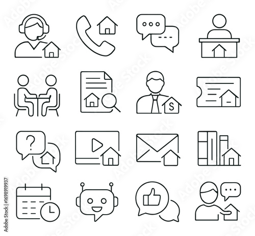 Real estate linear icon set. featuring agent, house, chat, call, meeting, contract, email, robot, approval