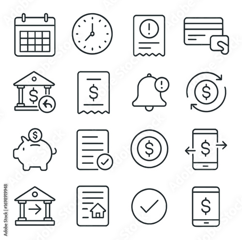 Finance and banking linear icon set. featuring calendar, clock, alert, card, bank, receipt, notification, and exchange symbols