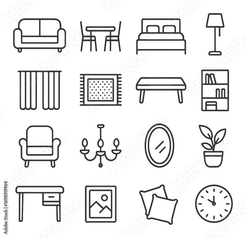 Home furniture and decor linear icon set. featuring sofa, bed, lamp, table, chair, and clock symbols