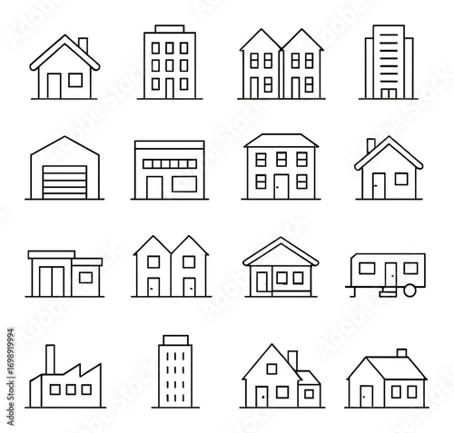 Buildings linear icon set. featuring house, hotel, apartment, skyscraper, factory, store, cabin, and garage symbols