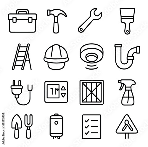 Maintenance tools linear icon set. featuring toolbox, hammer, wrench, paintbrush, ladder, helmet, smoke detector, pipe, plug, control panel