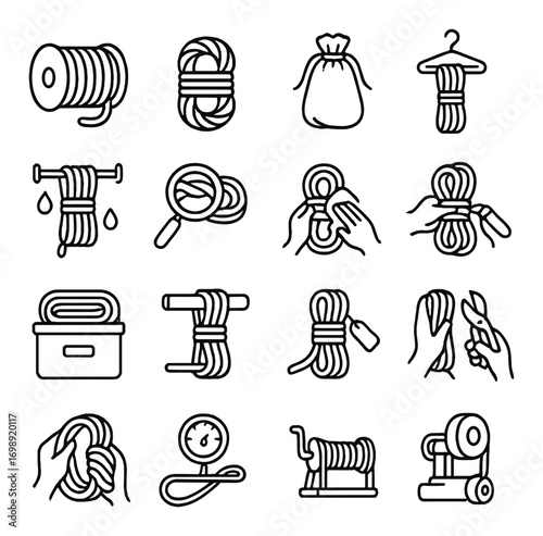 Rope equipment linear icon set. featuring coil, twine, magnifying glass, bundle, scissors, and rack symbols