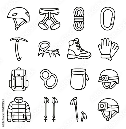 Climbing gear linear icon set. featuring helmet, harness, rope, carabiner, ice axe, crampons, boots, gloves, backpack