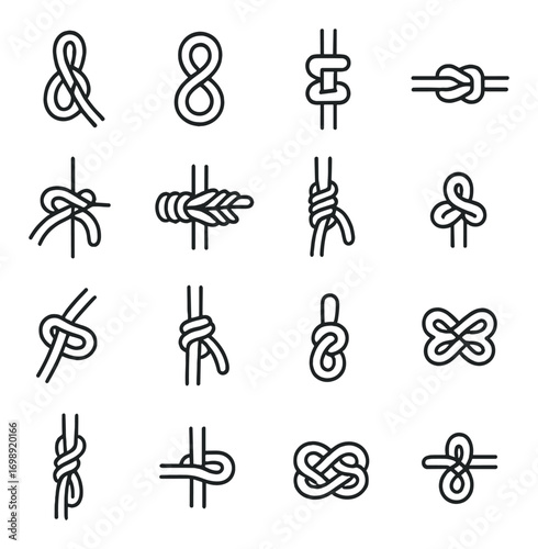 Knots linear icon set. featuring bowline, clove hitch, square, sheepshank, and reef knot symbols