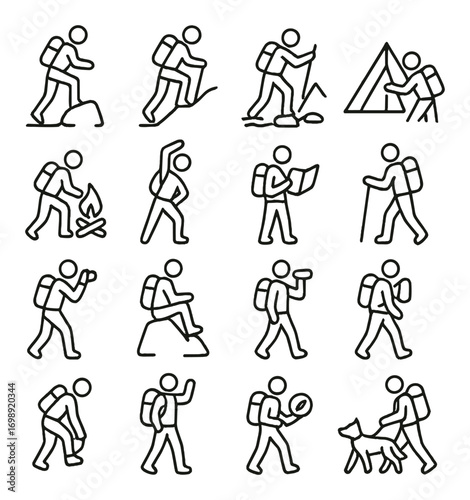 Outdoor activities linear icon set. featuring hiking, camping, map reading, photography, trekking, dog walking, and campfire symbols