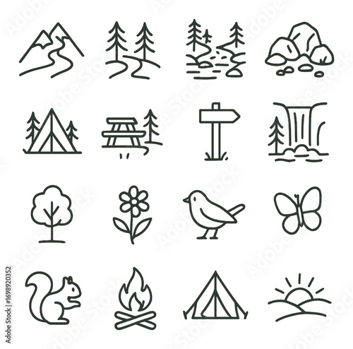 Nature and camping linear icon set. featuring mountains, forest, river, rocks, tent, picnic, sign, waterfall