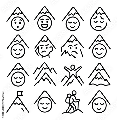 Mountain hiking linear icon set. featuring emotions, expressions, peaks, hikers, and landscapes