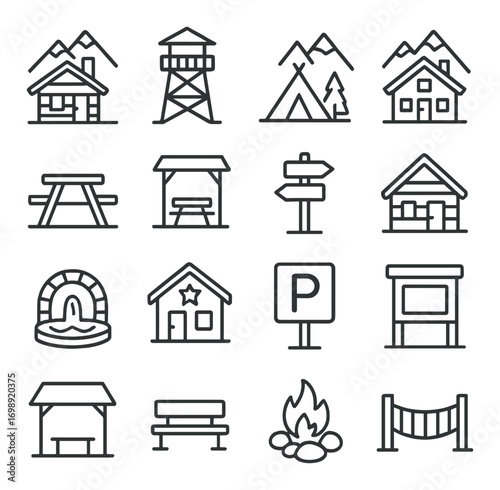 Camping and outdoor linear icon set. featuring cabin, lookout tower, tent, picnic table, campfire, and bridge