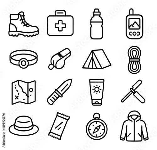 Camping and hiking linear icon set. featuring boot, first aid, bottle, gps, tent, map, hat, and compass icons