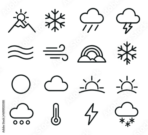 Weather linear icon set. featuring sun, snowflake, rain, thunder, wind, rainbow, cloud, thermometer, lightning