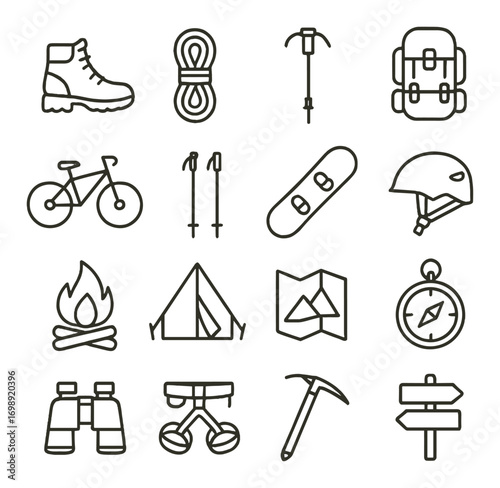 Outdoor adventure linear icons set. featuring hiking, climbing, camping, biking, map, helmet, fire, tent, and compass symbols