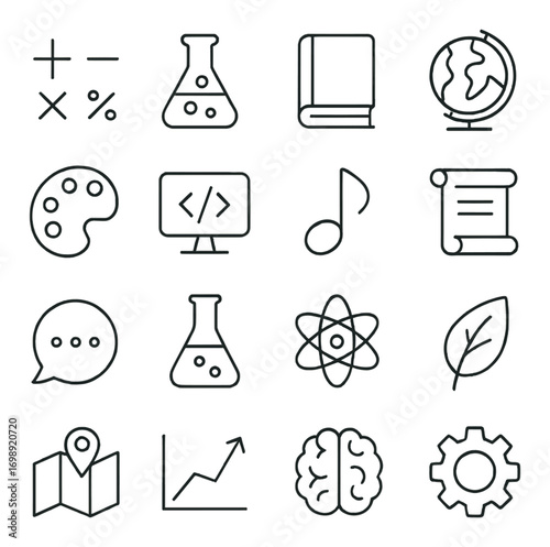 Education and science linear icon set. featuring math, chemistry, book, globe, palette, code, music, scroll.