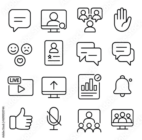 Communication and social media linear icons set. chat, video call, profile, notification, like, broadcast