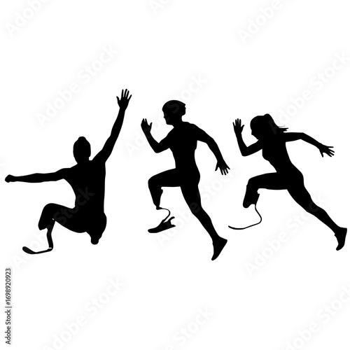 Dynamic silhouette of athletes with prosthetic legs running and celebrating, showcasing strength, determination, and inclusivity in sports