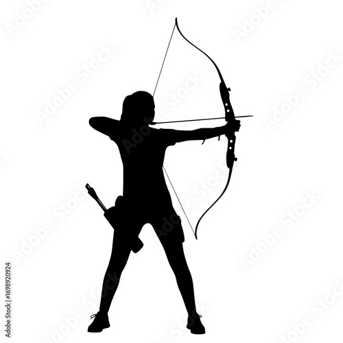 Silhouette of determined archer aiming arrow with bow, demonstrating focus and precision, perfect for sports branding and outdoor adventure themes
