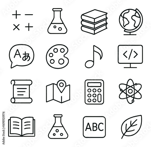 Education linear icons set. featuring math, science, books, globe, language, art, music, code, map, calculator