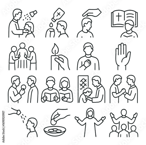 Christian rituals linear icon set. featuring baptism, prayer, blessing, bible study, candle, communion, and worship symbols