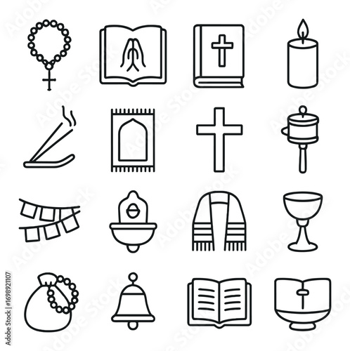 Religious linear icon set. featuring cross, rosary, prayer mat, incense, bible, candle, and chalice icons