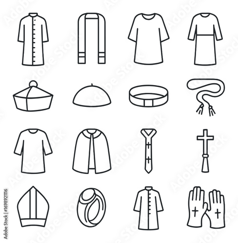 Religious attire linear icon set. featuring robe, stole, cassock, chasuble, biretta, zucchetto, cincture, and surplice symbols