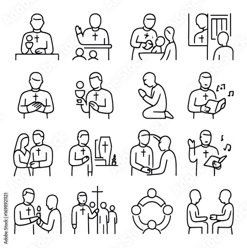 Christianity linear icon set. featuring sermon, prayer, baptism, communion, funeral, fellowship, and bible study symbols