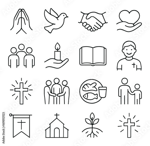 Christian worship linear icon set. featuring prayer, dove, handshake, heart, community, candle, bible, pastor.