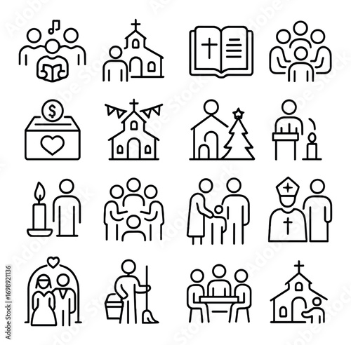 Church linear icon set. featuring congregation, building, bible, donation, and community symbols