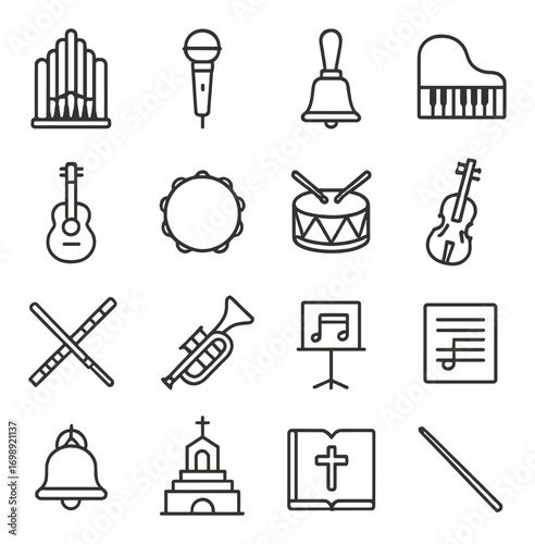 Music instruments linear icon set. featuring organ, microphone, bell, piano, guitar, tambourine, drum, violin