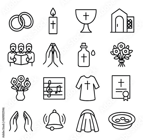 Christian symbols linear icon set. featuring rings, candle, chalice, church, choir, prayer, baptism, flowers, music, robe