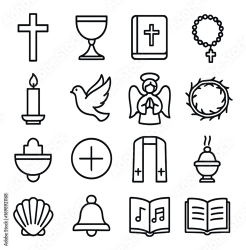 Christian symbols linear icon set. featuring cross, chalice, bible, rosary, candle, dove, and angel icons