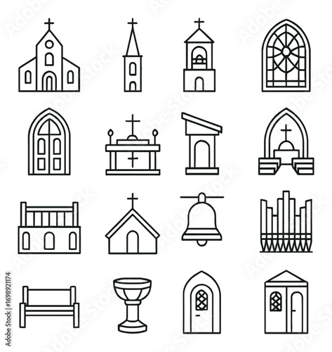 Church and religious buildings linear icon set. featuring church, chapel, altar, cathedral, and bell tower