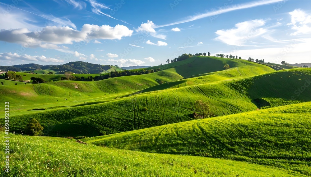 Obraz premium Rolling green hills under a vibrant blue sky